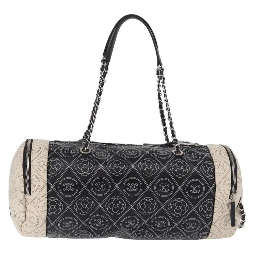 CHANEL Coated Canvas Camellia Printed Calfskin Bowling Bag